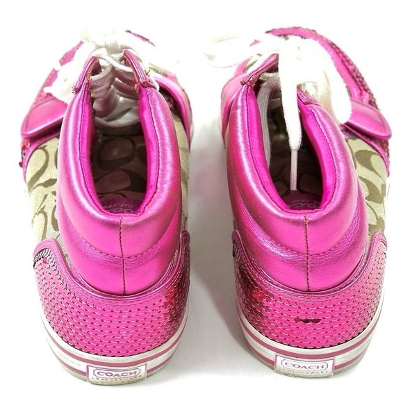 COACH Signature Fuchsia Sequined High-Top Sneakers - Picture 5 of 7